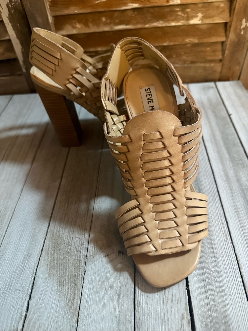 Steve Madden Beige Woven Strappy Block Heel Sandals